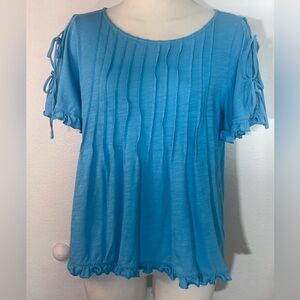 Cato Women’s Teal Ruffled Blouse Top Size Small Tassels Bows Stretchy Comfort